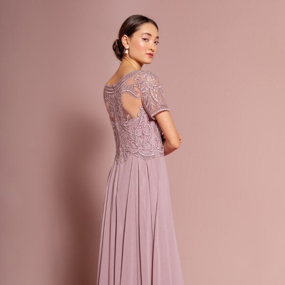 NEW LONG CHIFFON A-LINE DRESS WITH CAP SLEEVES EMBROIDERED WITH LACE GL2683 - Picture 12 of 13